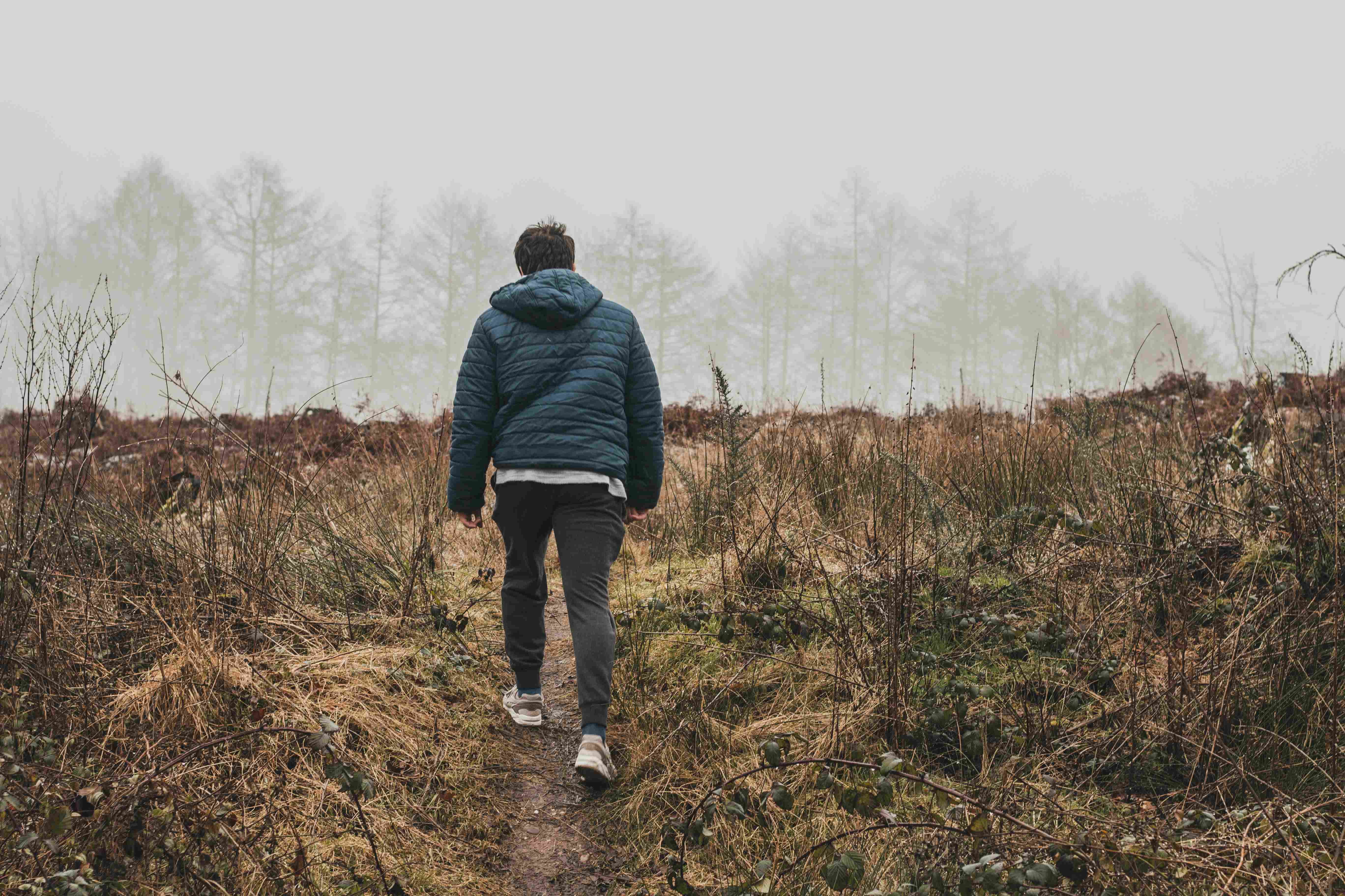 Muž na procházce v přírodě při podzimním chladném dni. Je mírná mlha a mokro po nedávném dešti.